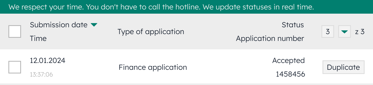 Interface element showing a notification bar informing about real-time status updates.