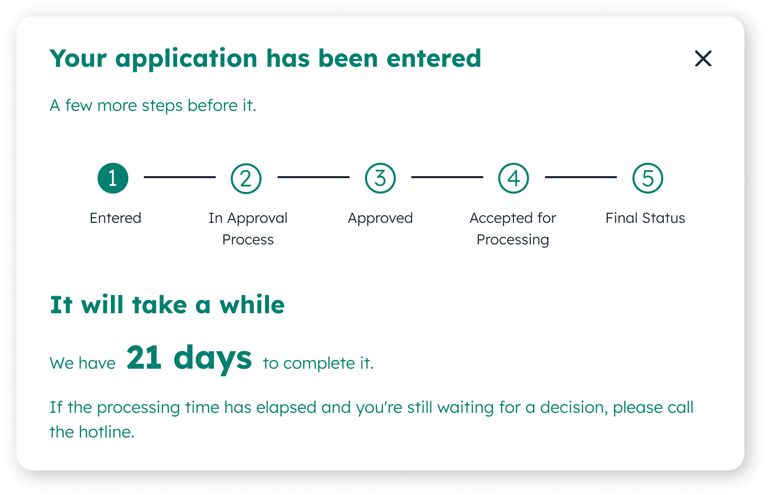 Pop-up with application progress stages and processing time.