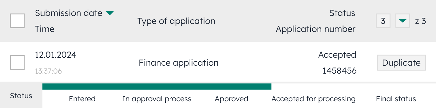 Interface element showing a progress bar illustrating the stages of application processing.