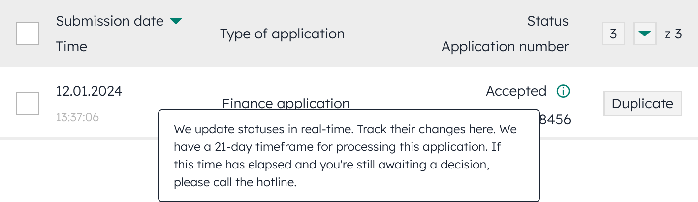 Interface element showing a tooltip with additional information about the application status.