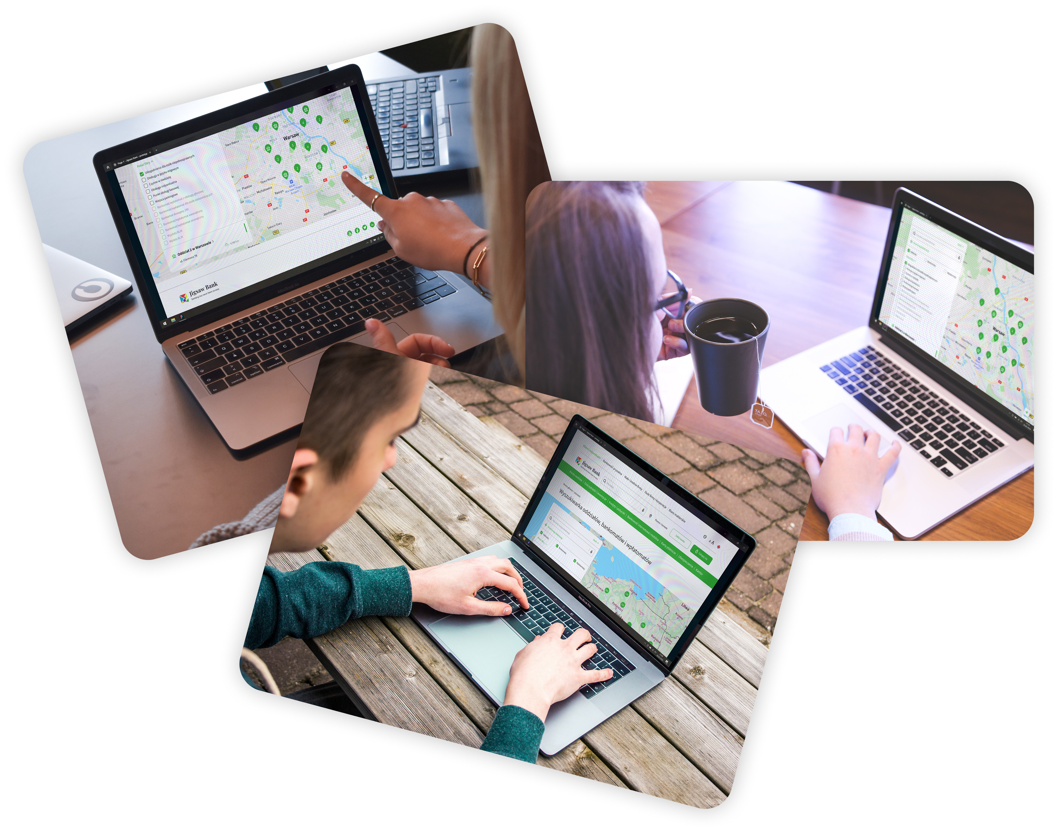 Three photos of people testing the branch locator prototype on laptops.